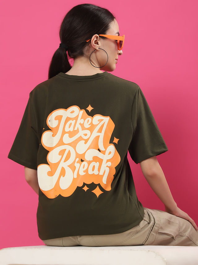 Rigo Women Terry Oversized Back T-shirt | Army Green - M