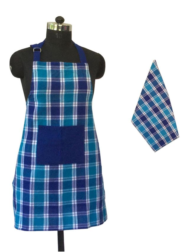 Lushomes Kitchen Apron Set - Blue and Green Checks