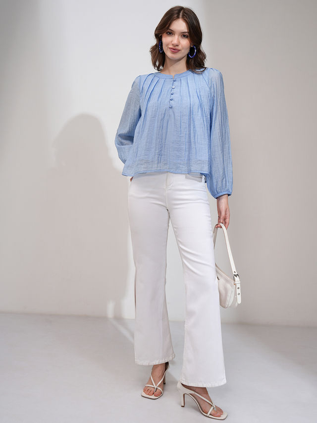 Tokyo Talkies Women's Solid Bishop Sleeve Pleated Top - Buy at