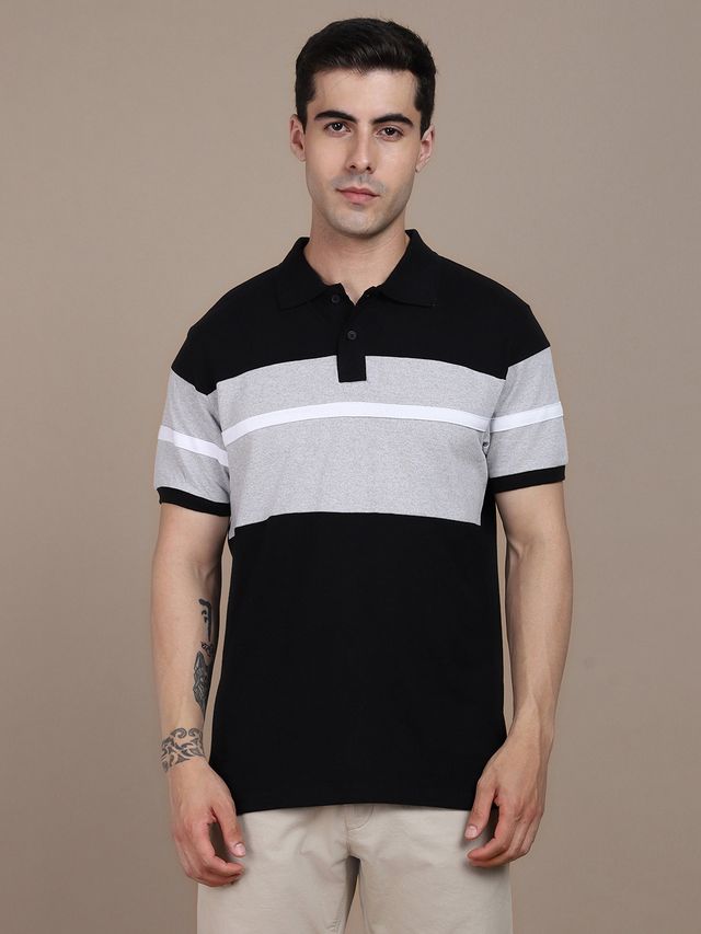 Dennis Lingo Men'striped Polo Collar Pure Cotton T-shirt | Black | L