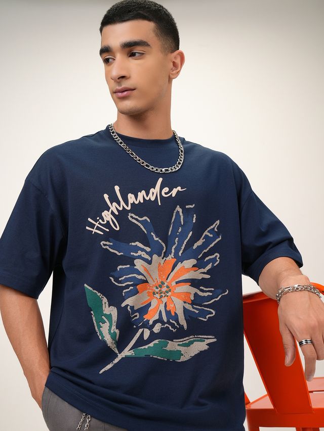Highlander Men's Round Neck Half Sleeve Oversized T-shirt | Blue | S