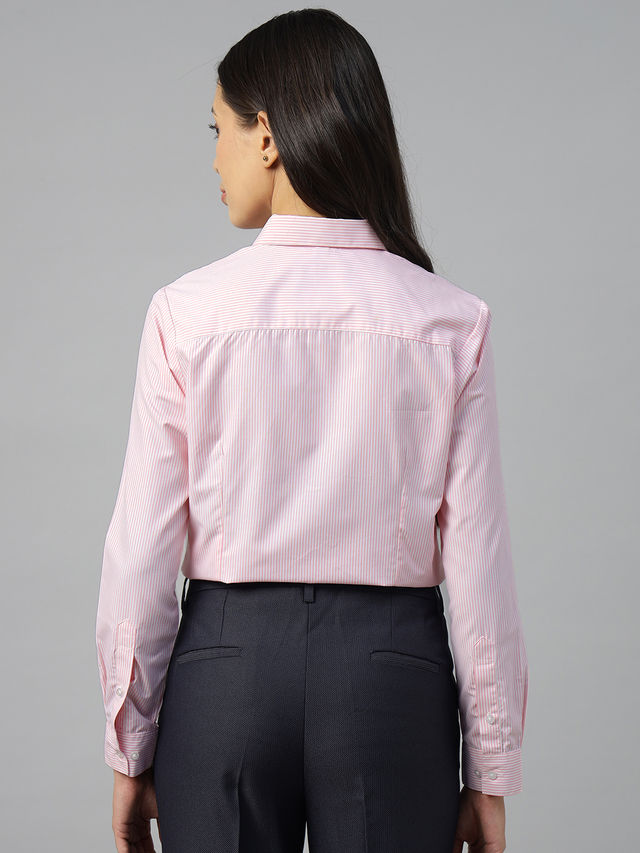 English Navy Women's Pin Striped Regular Fit Cotton Blend Formal Shirt | White & Pink - S