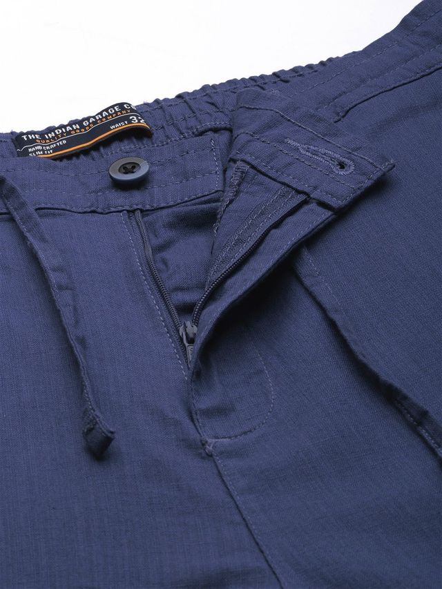 The Indian Garage Co Men's Slim Fit Solid Casual Linen Trousers | Blue Indigo - 32