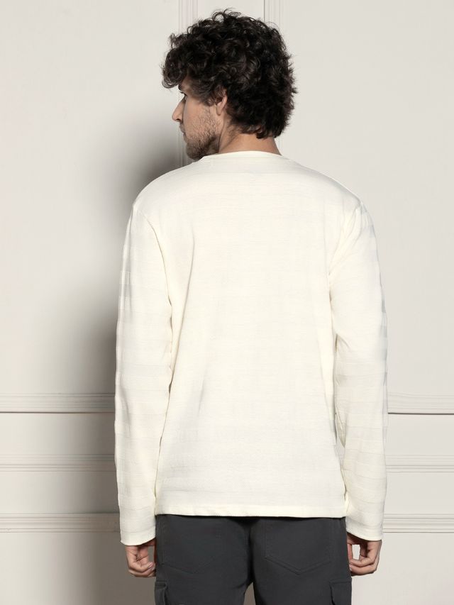 Dennis Lingo Men's Henley Neck Textured Full Sleeve T-shirt | White Ecru | L