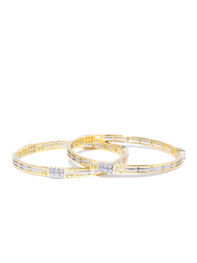 Priyaasi Dual Toned Ad Studded Geometric Pattern Bangles Set Of 2