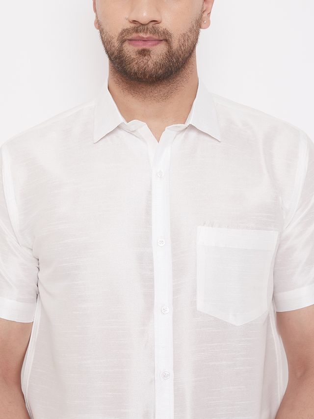 Vastramay Men's Silk Blend Ethnic Shirt | White - L