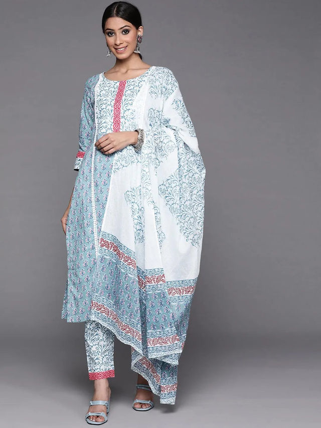 Libas Women Blue Cotton Kurta And Blue Cotton Trouser With Multi Cotton Dupatta - 33204OXL