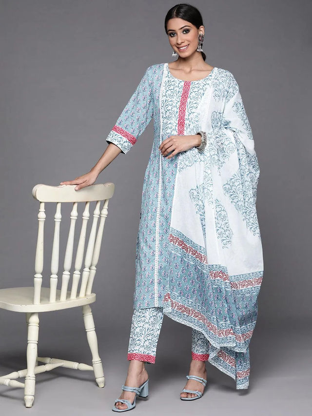 Libas Women Blue Cotton Kurta And Blue Cotton Trouser With Multi Cotton Dupatta - 33204OXL