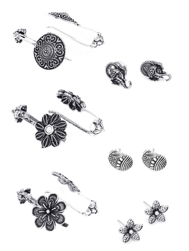 Yellow Chimes Combo of 3 Pairs Silver Oxidised Ear Cuffs