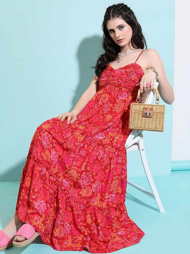 Tokyo Talkies Women's Floral Printed Fit and Flare Maxi Dress with Pleats | Red - M