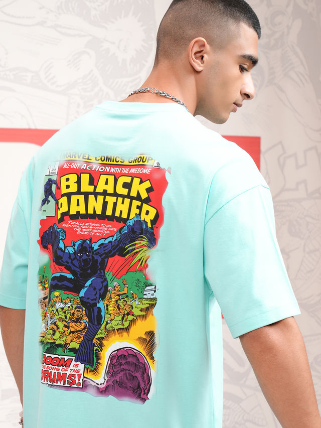 HIGHLANDER Men's Marvel Panther Round Neck Oversized Drop Shoulder Tshirt | Aqua - M