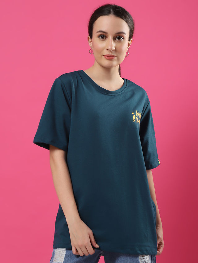 Rigo Women Terry Oversized Back Printed T-shirt | Teal - L