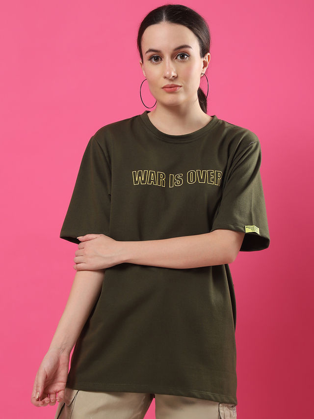 Rigo Women Terry Oversized Printed T-shirt | Army Green - L