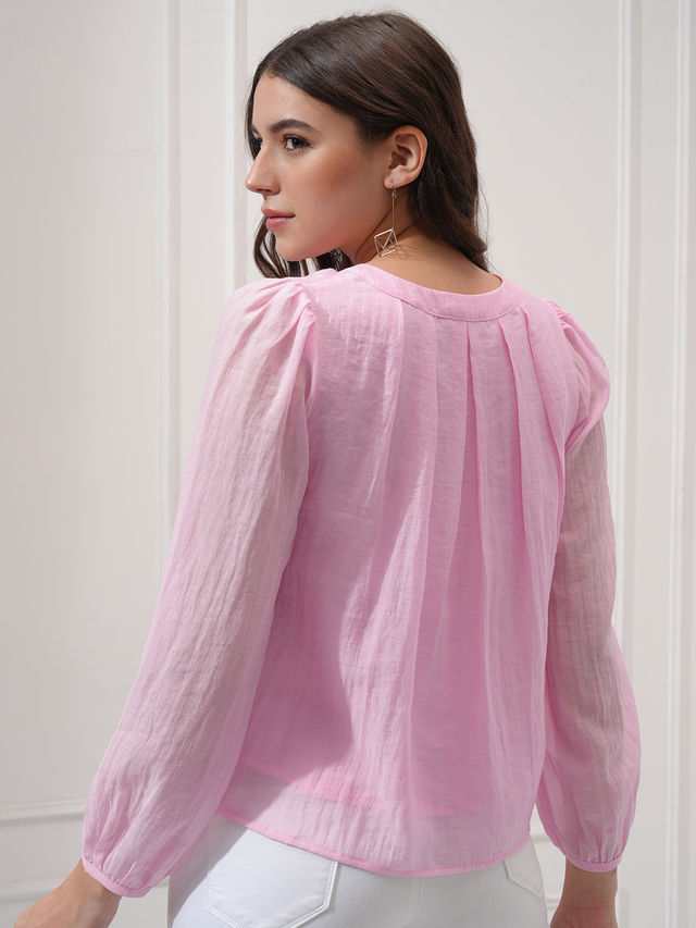 Buy Tokyo Talkies Women's Solid Bishop Sleeve Pleated Top | Pink