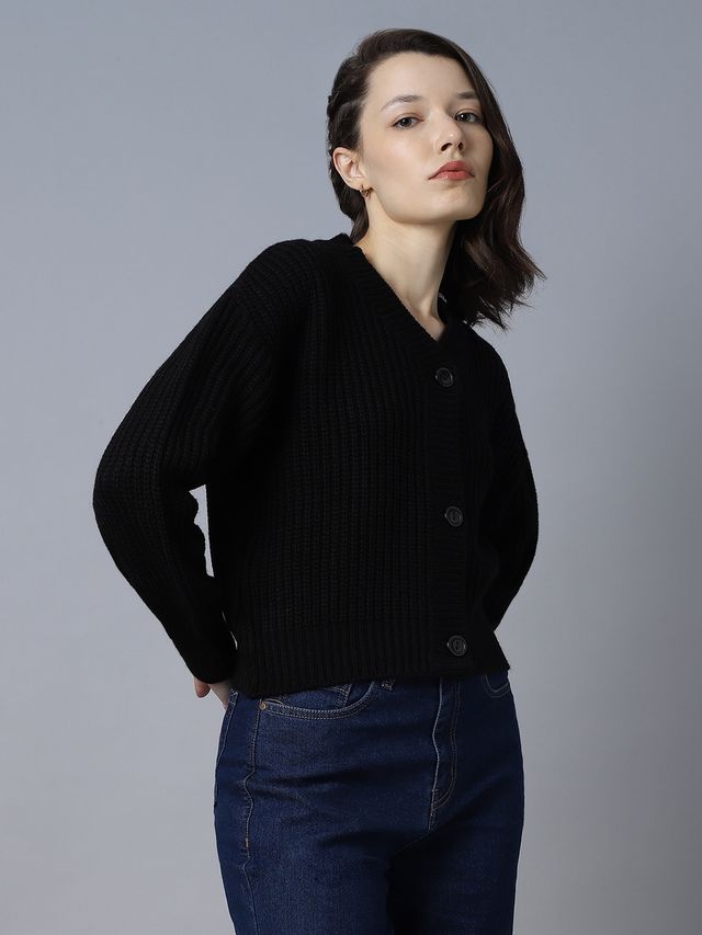 High Star Women's Ribbed Acrylic Cardigan | Black - L