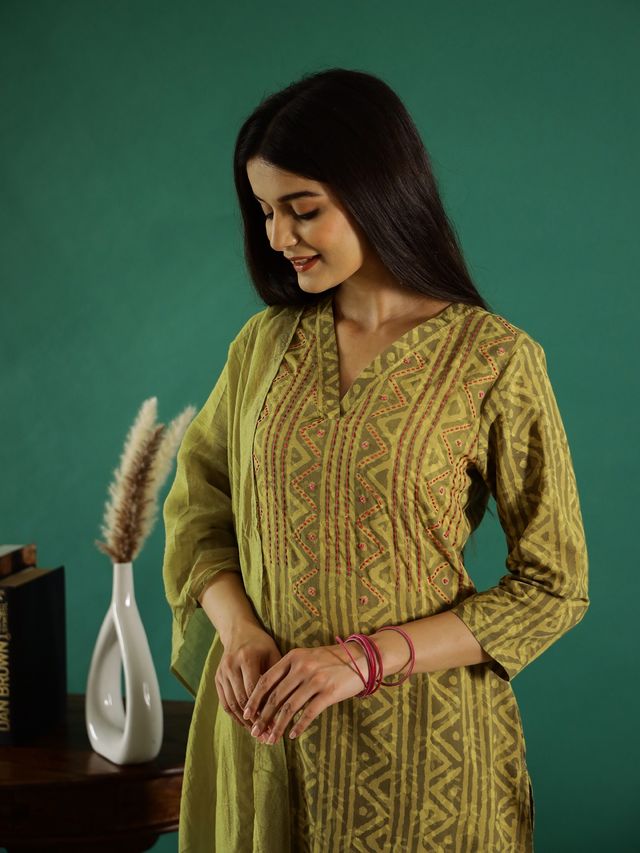 Rangdeep Geometric Printed Kantha Work Kurta with Trouser & Dupatta for Women s | Green | L