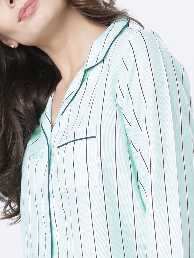Tokyo Talkies Women's Striped Casual Shirt | Mint and Navy Blue - XL