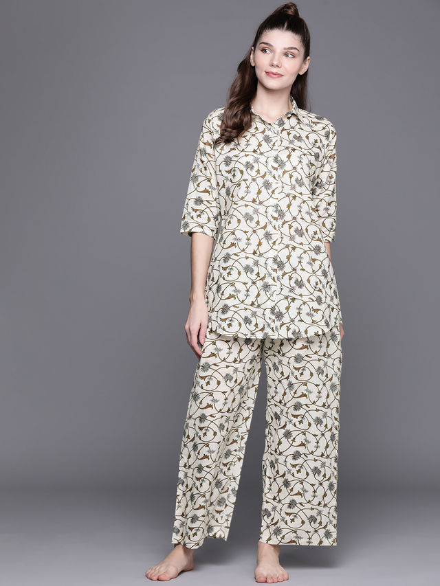 Libas Women White Cotton Shirt And White Cotton Pyjamas With Both Side Pocket - 50023XL
