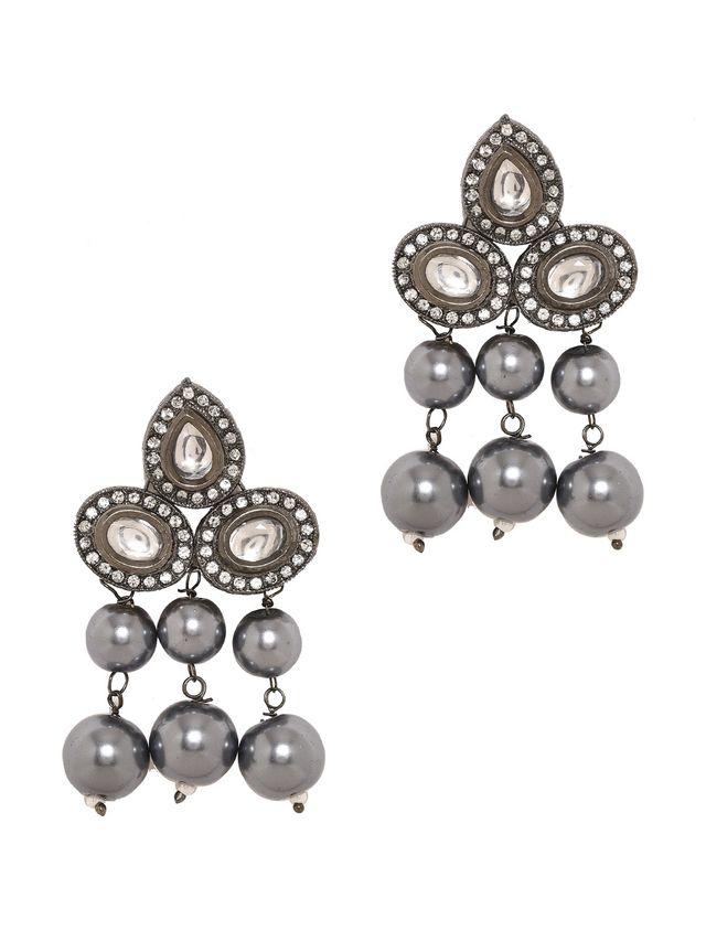 Priyaasi Elegance In Ebony Black Plated Kundan And Pearl Earrings