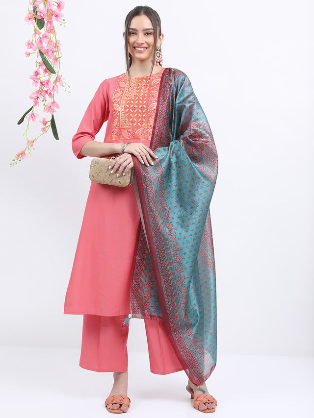 KETCH Women's Ethnic Motifs Printed Round Neck Kurta & Palazzos with Dupatta | Coral - S