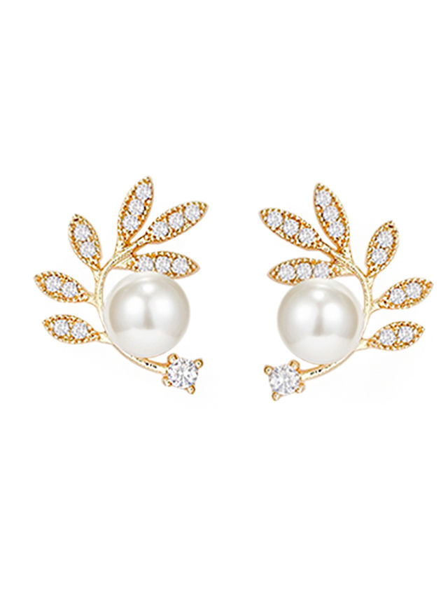 Yellow Chimes Gold Tone Leaflet Designed Pearl Studded Earrings for Women