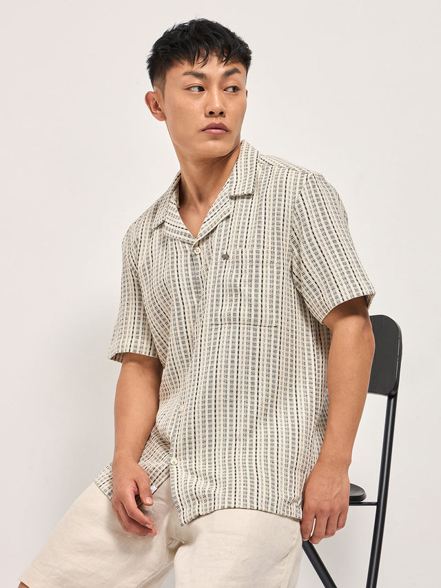 THE BEAR HOUSE Men's Pure Cotton Striped Regular Fit Shirt | TBH-PUNTILO-CR | Cream - L