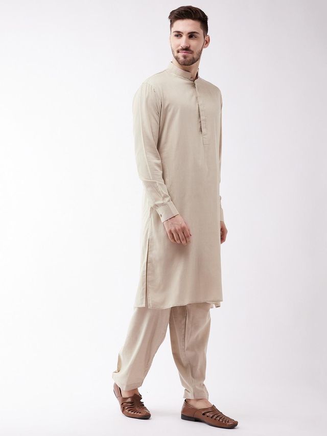 Vastramay Men's Cotton Blend Kurta and Patiala Set | Beige - M