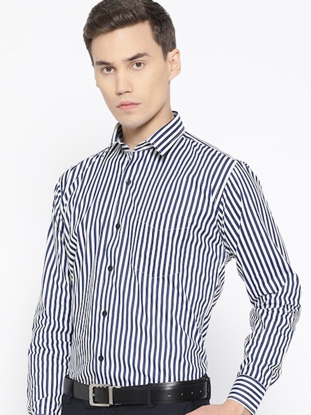 Hancock Men's Striped Spread Collar Long Sleeves Pure Cotton Formal Shirt - White & Navy | 42