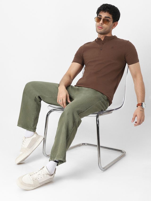Urbano Fashion Men's Slim Fit Solid Mandarin Collar Half Sleeve Cotton T-Shirt | Cocoa Brown - XL