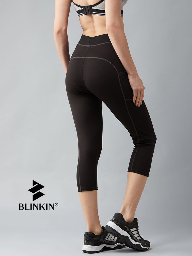 Blinkin Women's 3/4 Gym Tights - Black | Grey | With Side Pockets | Perfect For Yoga | L