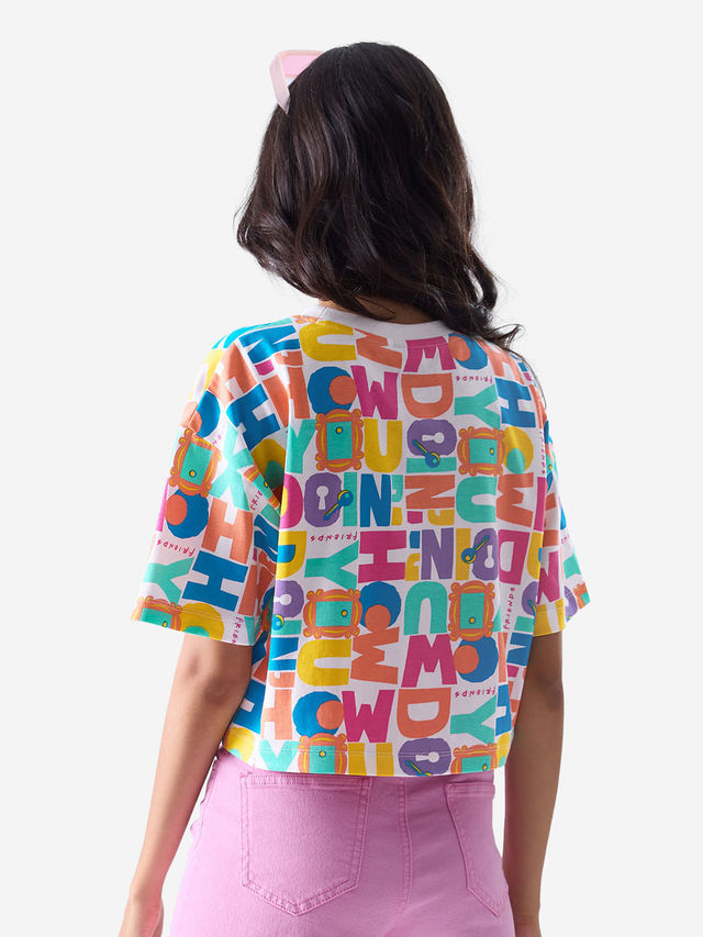 The Souled Store Women's F.R.I.E.N.D.S Doodle Oversized Cropped T-shirt | White - M
