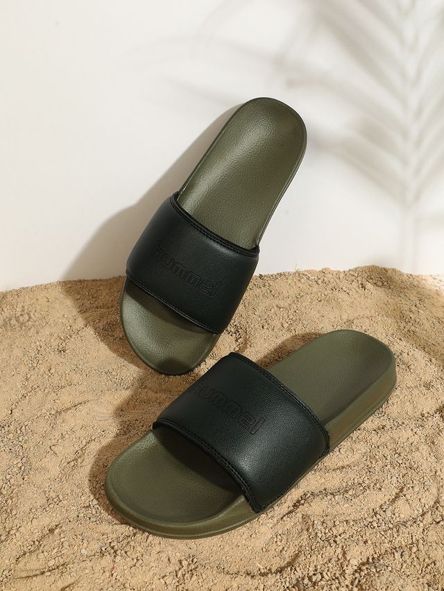 hummel Classic lightweight slides for Men with Cushioned Sole and Arch Support | Green & Black | 9