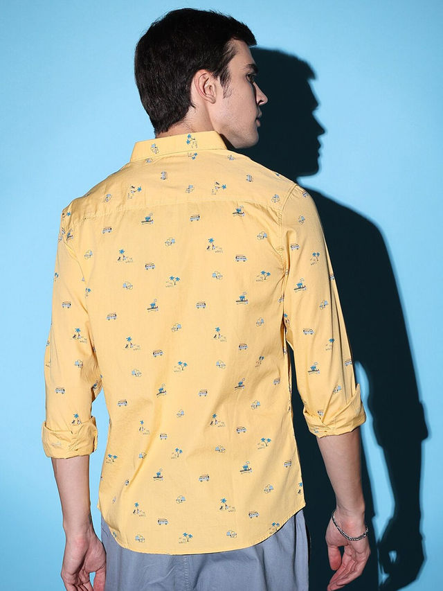 The Indian Garage Co Men's Slim Fit Cartoon Casual Shirt | Yellow - S