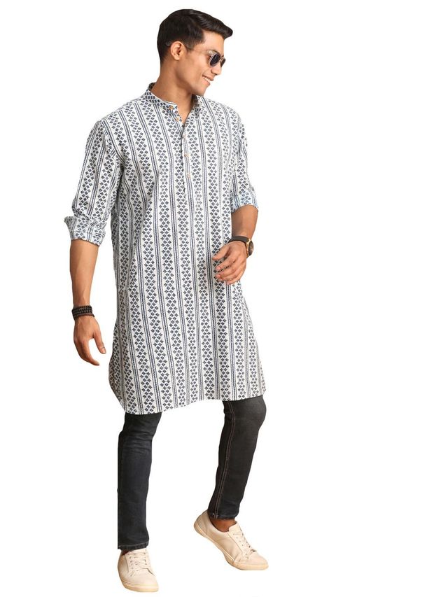 Vastramay Men's White XL And Blue Cotton Kurta