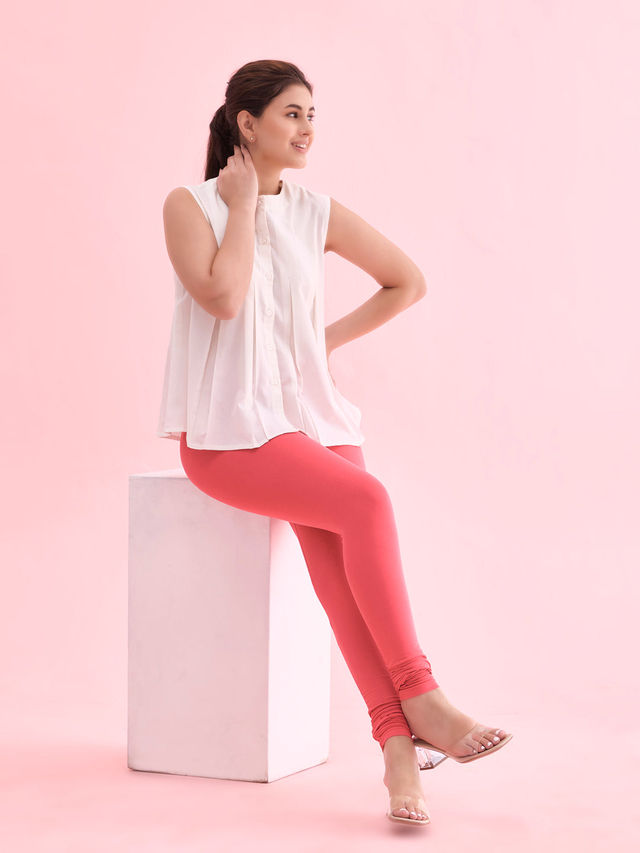 Go Colors Women's Solid Mid Rise Churidar | Coral - XL