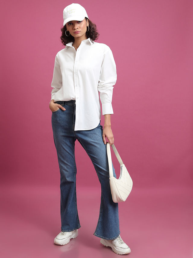 Tokyo Talkies Women's Slim Fit Drop-Shoulder Sleeves Cotton Oversized Shirt | White - XL