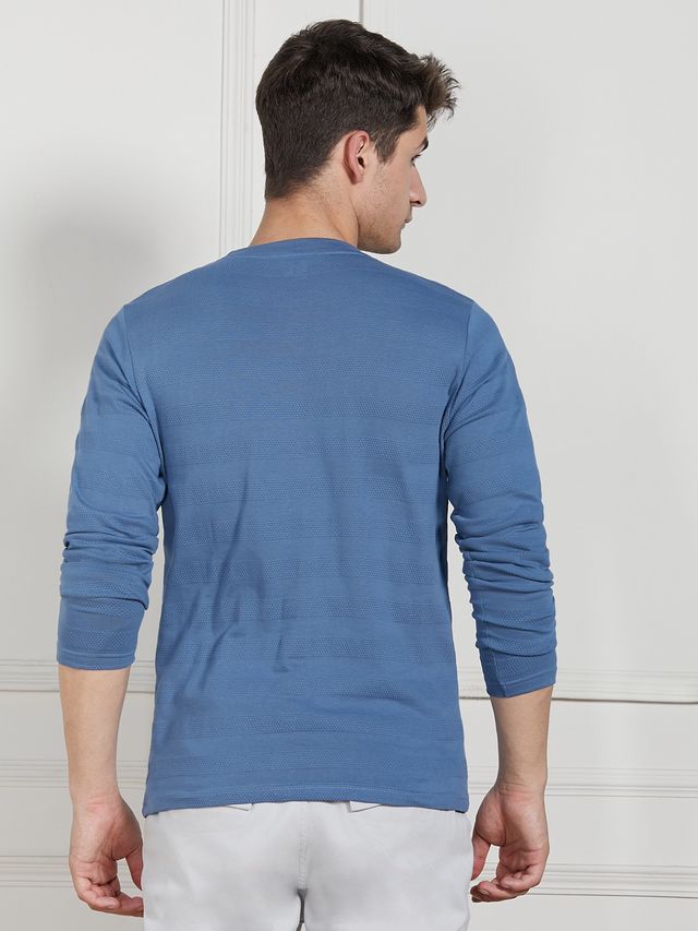 Dennis Lingo Men's Textured Henley Neck Cotton Regular Fit T-shirt | Mid Blue | L