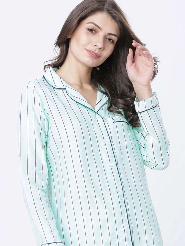 Tokyo Talkies Women's Striped Casual Shirt | Mint and Navy Blue - XL