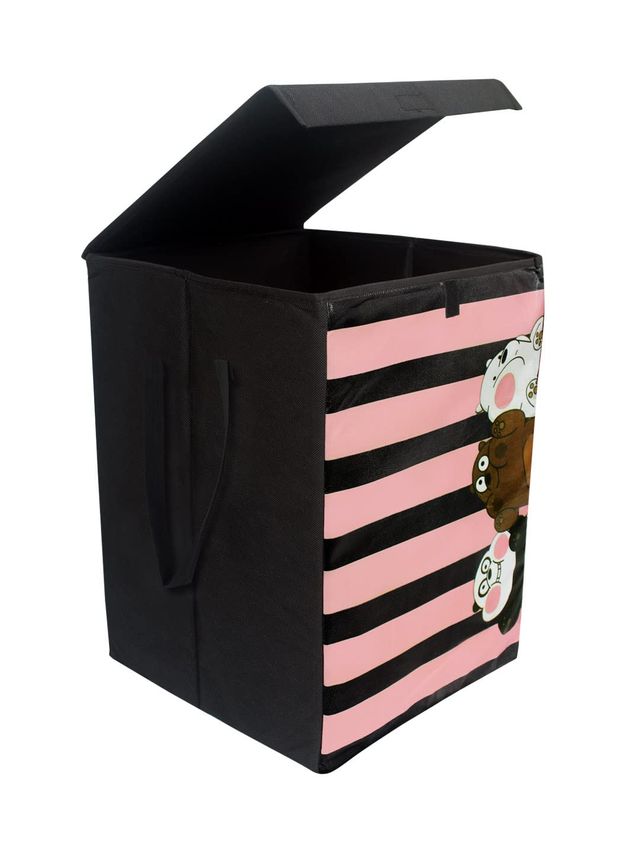 Prettykrafts Large Striped Panda Foldable Laundry & Storage Basket With Lid, 75 Ltr