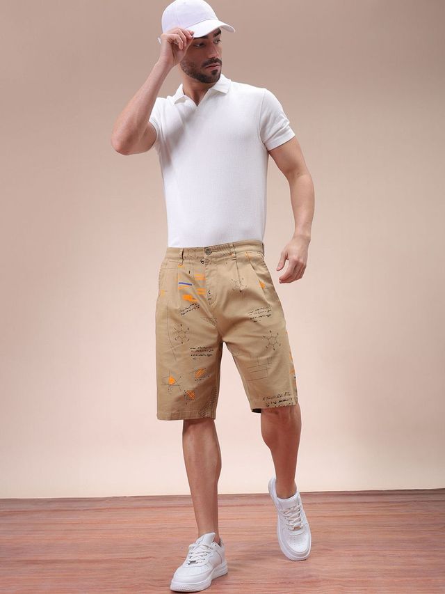 The Indian Garage Co Men s | Relaxed Fit Face Print Casual Pleated Shorts | Beige | 30