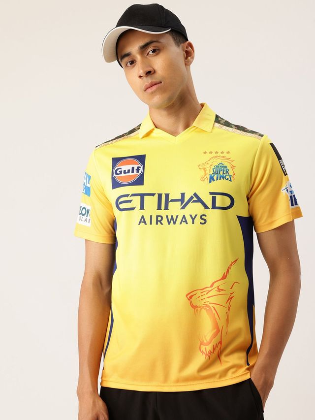 playR Chennai Super Kings Authentic Fan Jersey IPL 2025 Adult Dhoni 7 Half Sleeve | Yellow | M