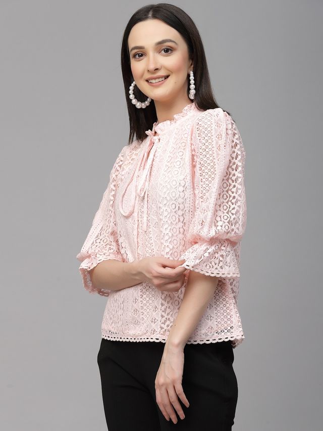 Style Quotient Women Peach Self Design Lace Regular Smart Casual Top | M | SS23SQSIKKIM - Peach