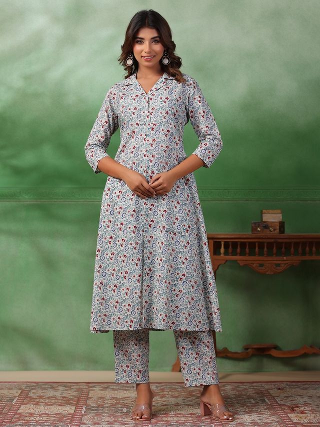 Rangdeep Floral Printed Regular Pure Cotton Kurta With Trousers | Women | Off White | XXL