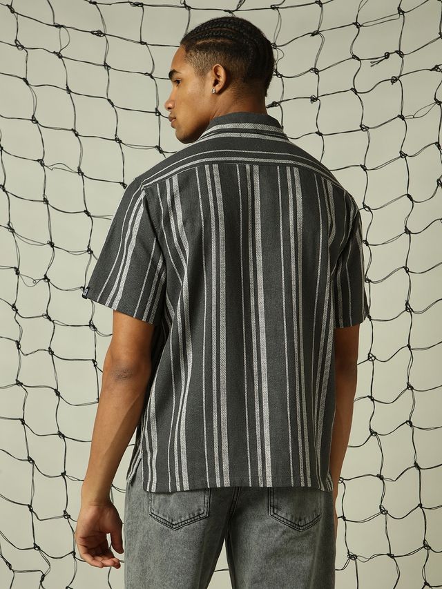 Hubberholme Men's Vertical Striped Relaxed Fit Textured Fabric Casual Shirt | Black - 38