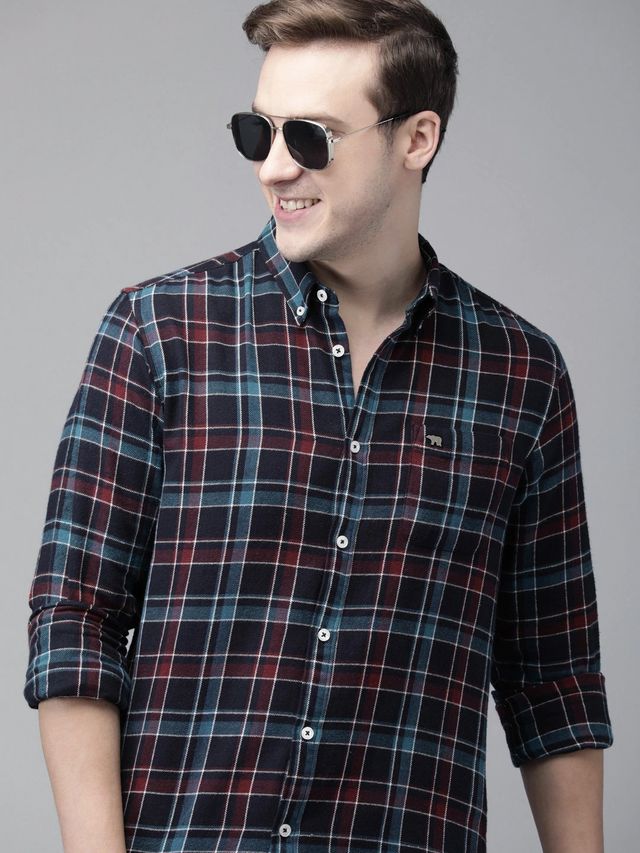 The Bear House Men Slim Fit Checked Button-Down Casual Shirt - Peru | Blue | L