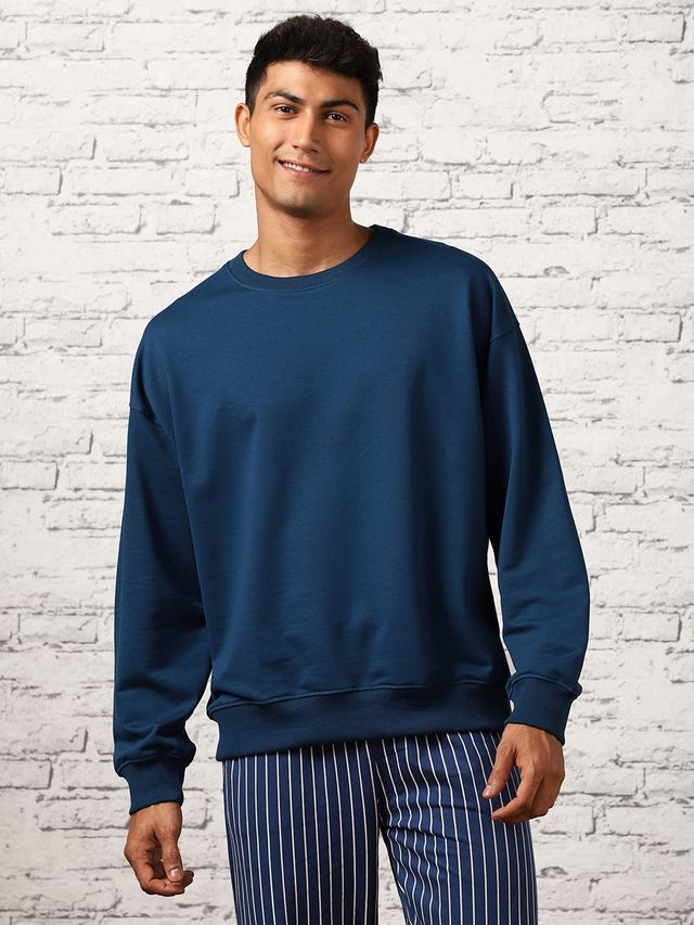 Nobero Men's Oversized Solid Sweatshirt | Navy Blue - S