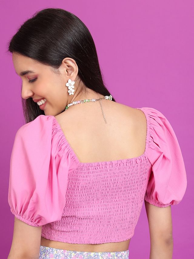 Ketch Women's Square Neck Puff Sleeve Smocked Crop Top | Pink - S