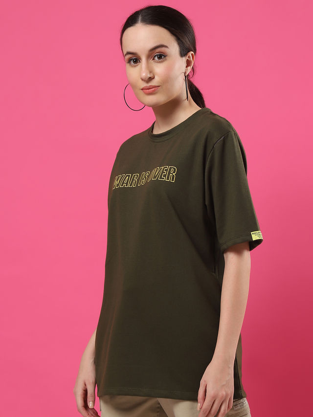 Rigo Women Terry Oversized Printed T-shirt | Army Green - L