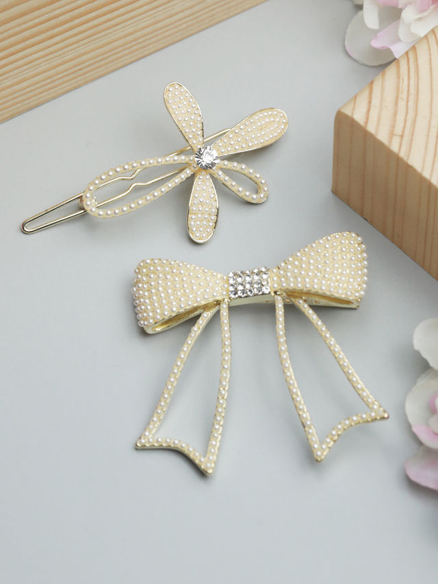 Priyaasi White Flower & Bow Hair Pin Set