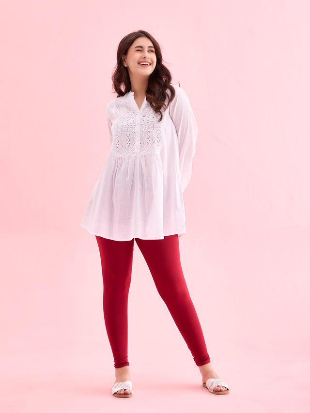 Go Colors Women's Solid Mid Rise Ankle Length Leggings | Bright Red - M